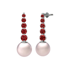 Lleu İnci Küpe - Pembe inci ve garnet 14 ayar beyaz altın küpe #11arqmn
