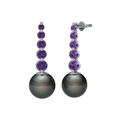 Siyah inci ve ametist 8 ayar beyaz altın küpe