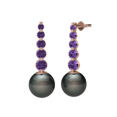 Lleu İnci Küpe - Siyah inci ve ametist 18 ayar rose altın küpe #1l0big5