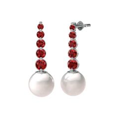 Inci ve garnet 8 ayar beyaz altın küpe