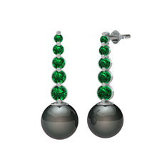 Siyah inci ve yeşil kuvars 8 ayar beyaz altın küpe