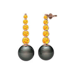 Lleu İnci Küpe - Siyah inci ve sitrin 14 ayar rose altın küpe #glv8ds