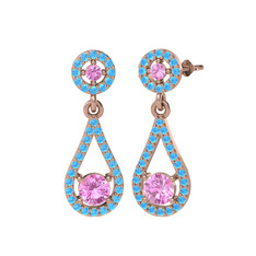 Pembe kuvars ve akuamarin 14 ayar rose altın küpe