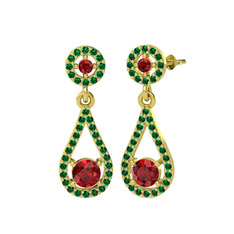 Garnet ve yeşil kuvars 18 ayar altın küpe