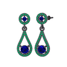 Montezuma Küpe - Lab safir ve kök zümrüt 925 ayar siyah rodyum kaplama gümüş küpe #14grp64