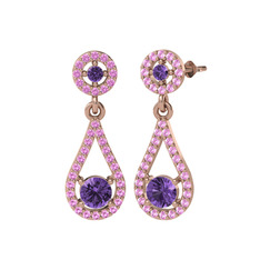 Montezuma Küpe - Ametist ve pembe kuvars 18 ayar rose altın küpe #15o0tz2