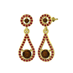 Montezuma Küpe - Dumanlı kuvars ve garnet 18 ayar altın küpe #16azheq