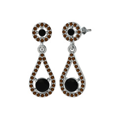 Montezuma Küpe - Siyah zirkon ve dumanlı kuvars 14 ayar beyaz altın küpe #19j209b