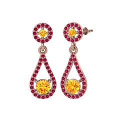 Montezuma Küpe - Sitrin ve rodolit garnet 14 ayar rose altın küpe #1c9zoe7