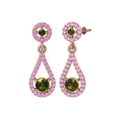 Montezuma Küpe - Peridot ve pembe kuvars 14 ayar rose altın küpe #1erm79b