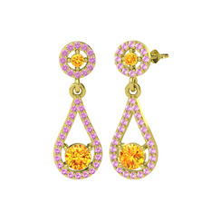 Montezuma Küpe - Sitrin ve pembe kuvars 925 ayar altın kaplama gümüş küpe #1fvcx7u