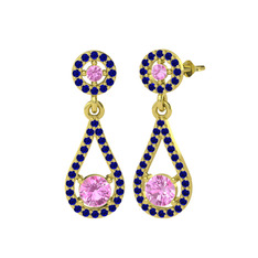 Montezuma Küpe - Pembe kuvars ve lab safir 8 ayar altın küpe #1fvy020