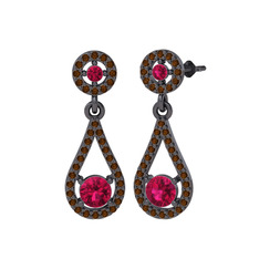 Montezuma Küpe - Rodolit garnet ve dumanlı kuvars 925 ayar siyah rodyum kaplama gümüş küpe #1gf31rf