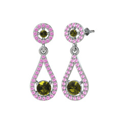 Montezuma Küpe - Peridot ve pembe kuvars 14 ayar beyaz altın küpe #1ht7zqh