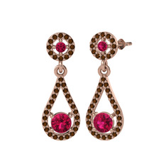 Montezuma Küpe - Rodolit garnet ve dumanlı kuvars 14 ayar rose altın küpe #1hxch06