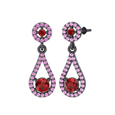 Montezuma Küpe - Garnet ve pembe kuvars 925 ayar siyah rodyum kaplama gümüş küpe #1i68vtq