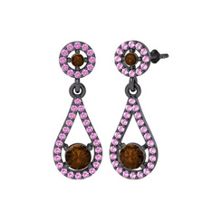 Montezuma Küpe - Dumanlı kuvars ve pembe kuvars 925 ayar siyah rodyum kaplama gümüş küpe #1kdh9ko