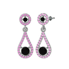 Montezuma Küpe - Siyah zirkon ve pembe kuvars 8 ayar beyaz altın küpe #1kk9dsb