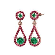 Yeşil kuvars ve rodolit garnet 14 ayar rose altın küpe