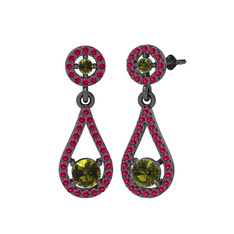 Peridot ve rodolit garnet 925 ayar siyah rodyum kaplama gümüş küpe