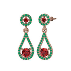 Garnet ve kök zümrüt 18 ayar rose altın küpe