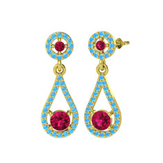 Montezuma Küpe - Rodolit garnet ve akuamarin 18 ayar altın küpe #1p3re62