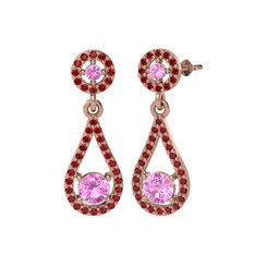 Pembe kuvars ve garnet 18 ayar rose altın küpe