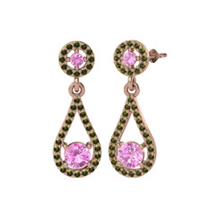 Pembe kuvars ve peridot 14 ayar rose altın küpe