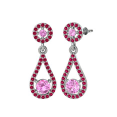 Pembe kuvars ve rodolit garnet 18 ayar beyaz altın küpe