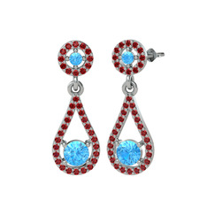 Akuamarin ve garnet 18 ayar beyaz altın küpe