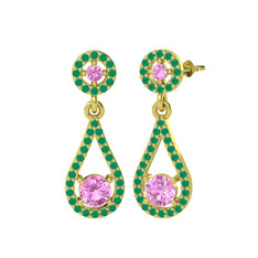 Pembe kuvars ve kök zümrüt 14 ayar altın küpe