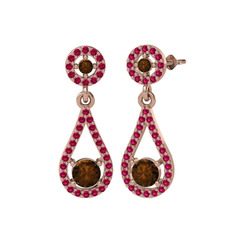 Dumanlı kuvars ve rodolit garnet 18 ayar rose altın küpe