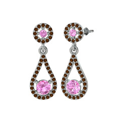 Pembe kuvars ve dumanlı kuvars 18 ayar beyaz altın küpe