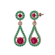 Rodolit garnet ve kök zümrüt 14 ayar rose altın küpe