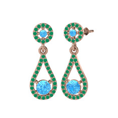 Montezuma Küpe - Akuamarin ve kök zümrüt 925 ayar rose altın kaplama gümüş küpe #21akd6