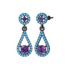 Montezuma Küpe - Ametist ve akuamarin 925 ayar siyah rodyum kaplama gümüş küpe #2naqt6