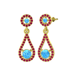 Montezuma Küpe - Akuamarin ve rodolit garnet 18 ayar altın küpe #3dsb43