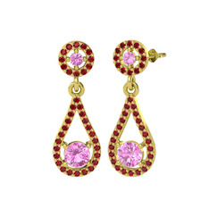 Montezuma Küpe - Pembe kuvars ve garnet 18 ayar altın küpe #3w3oxs
