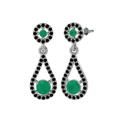 Montezuma Küpe - Kök zümrüt ve siyah zirkon 14 ayar beyaz altın küpe #4rlk12