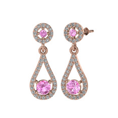 Pembe kuvars ve swarovski 925 ayar rose altın kaplama gümüş küpe