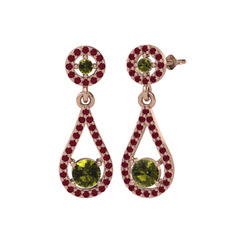 Peridot ve kök yakut 14 ayar rose altın küpe
