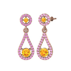 Montezuma Küpe - Sitrin ve pembe kuvars 8 ayar rose altın küpe #a5h761