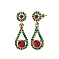 Montezuma Küpe - Garnet ve yeşil kuvars 14 ayar rose altın küpe #cd09mg