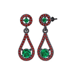 Montezuma Küpe - Yeşil kuvars ve garnet 925 ayar siyah rodyum kaplama gümüş küpe #czgxae