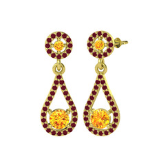 Sitrin ve kök yakut 925 ayar altın kaplama gümüş küpe