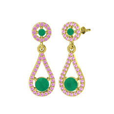 Montezuma Küpe - Kök zümrüt ve pembe kuvars 8 ayar altın küpe #dhgqiz