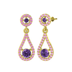 Ametist ve pembe kuvars 8 ayar altın küpe