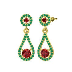 Montezuma Küpe - Garnet ve kök zümrüt 18 ayar altın küpe #fsmd3p