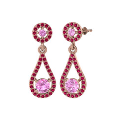 Montezuma Küpe - Pembe kuvars ve rodolit garnet 14 ayar rose altın küpe #g5g6v4