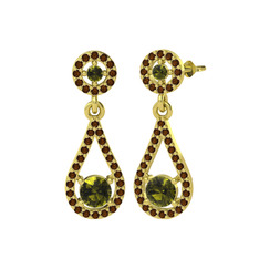 Montezuma Küpe - Peridot ve dumanlı kuvars 14 ayar altın küpe #ht92kh